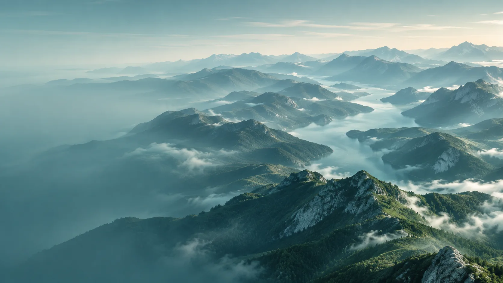 Weite Berglandschaft über einem See im Morgenlicht